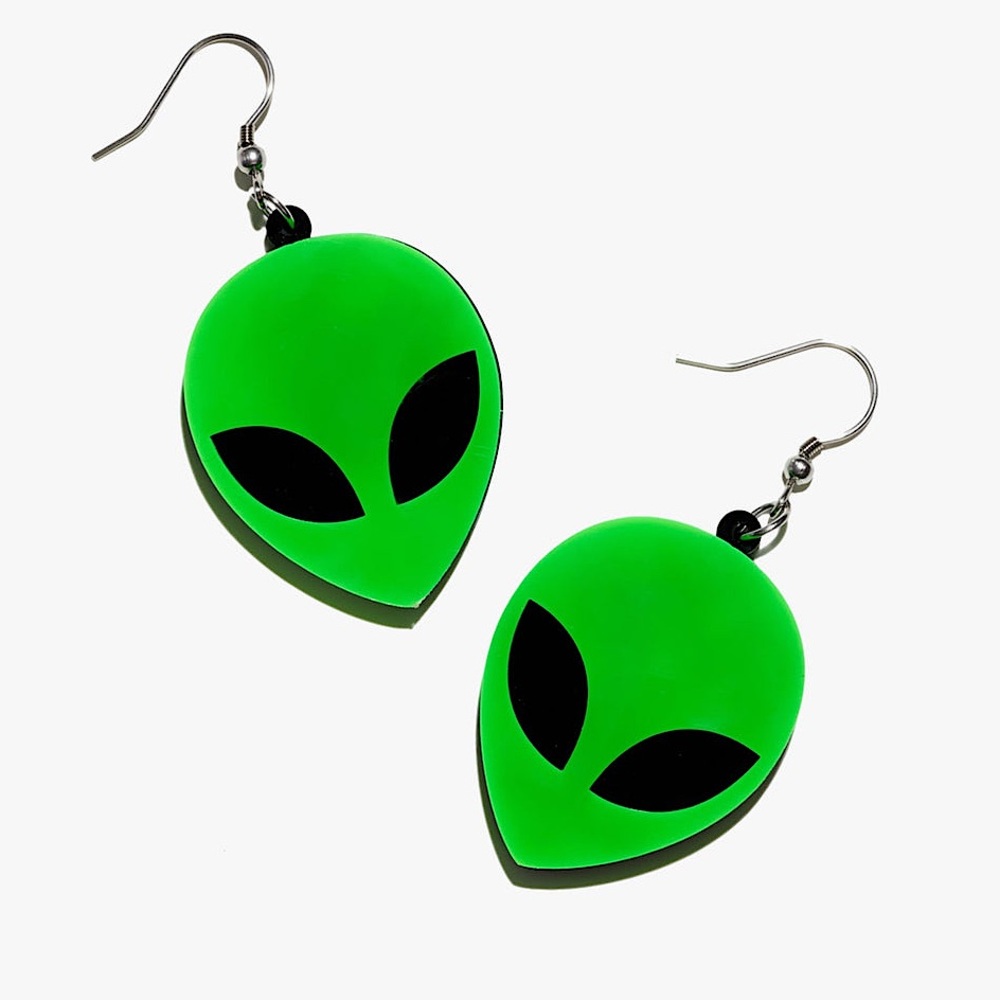 Handmade Acrylic, Green Alien Face 👽 Drop Earrings. 
New
